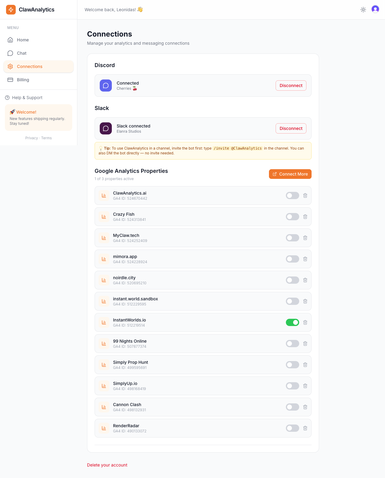 Connections page showing Discord (Cherries server), Slack (Elanra Studios workspace), and 12 Google Analytics 4 properties connected